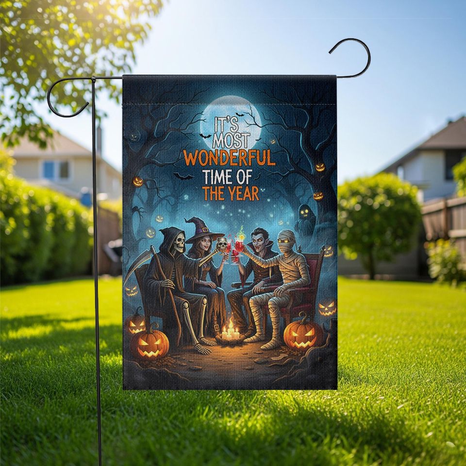 Halloween Campfire Garden Flag, Grim Reaper Vampire Witch Mummy, Spooky Fall Yard Decor