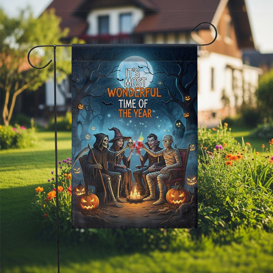 Halloween Campfire Garden Flag, Grim Reaper Vampire Witch Mummy, Spooky Fall Yard Decor