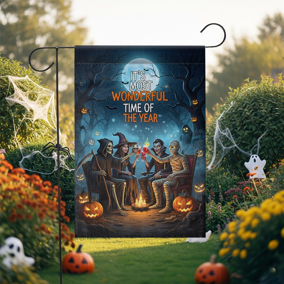 Halloween Campfire Garden Flag, Grim Reaper Vampire Witch Mummy, Spooky Fall Yard Decor