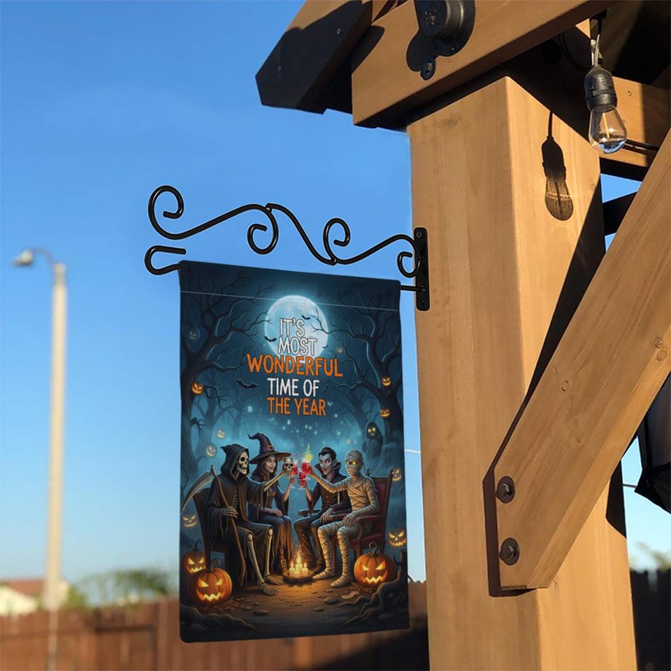 Halloween Campfire Garden Flag, Grim Reaper Vampire Witch Mummy, Spooky Fall Yard Decor