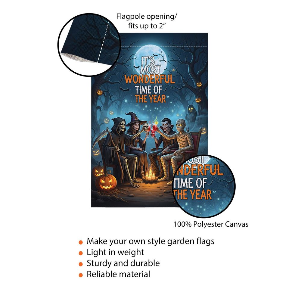 Halloween Campfire Garden Flag, Grim Reaper Vampire Witch Mummy, Spooky Fall Yard Decor