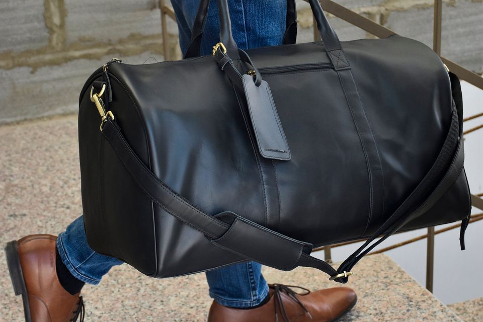 Black Leather Duffel Bag with Shoe Compartment - Anniversary Gift for Him