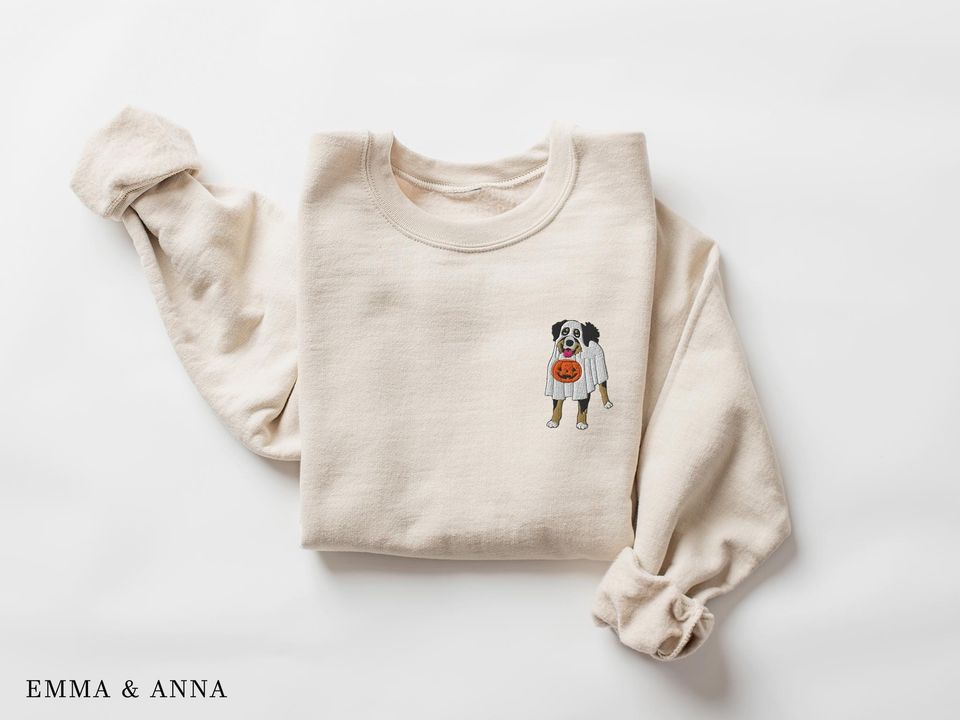 Embroidered Bernese Mountain Dog Halloween Sweatshirt, Dog Pumpkin & Ghost Dog Design