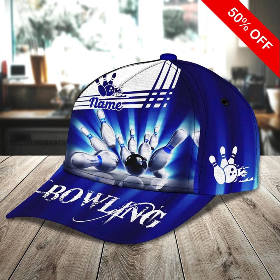 Personalized Blue Bowling Baseball Caps, Custom Name Bowling Classic Cap, Bowling Lovers