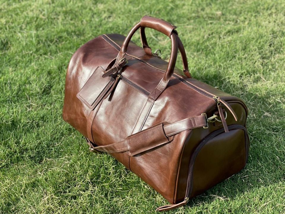 Personalized Full Grain Leather Duffle - Weekender Bag & Gift for Him