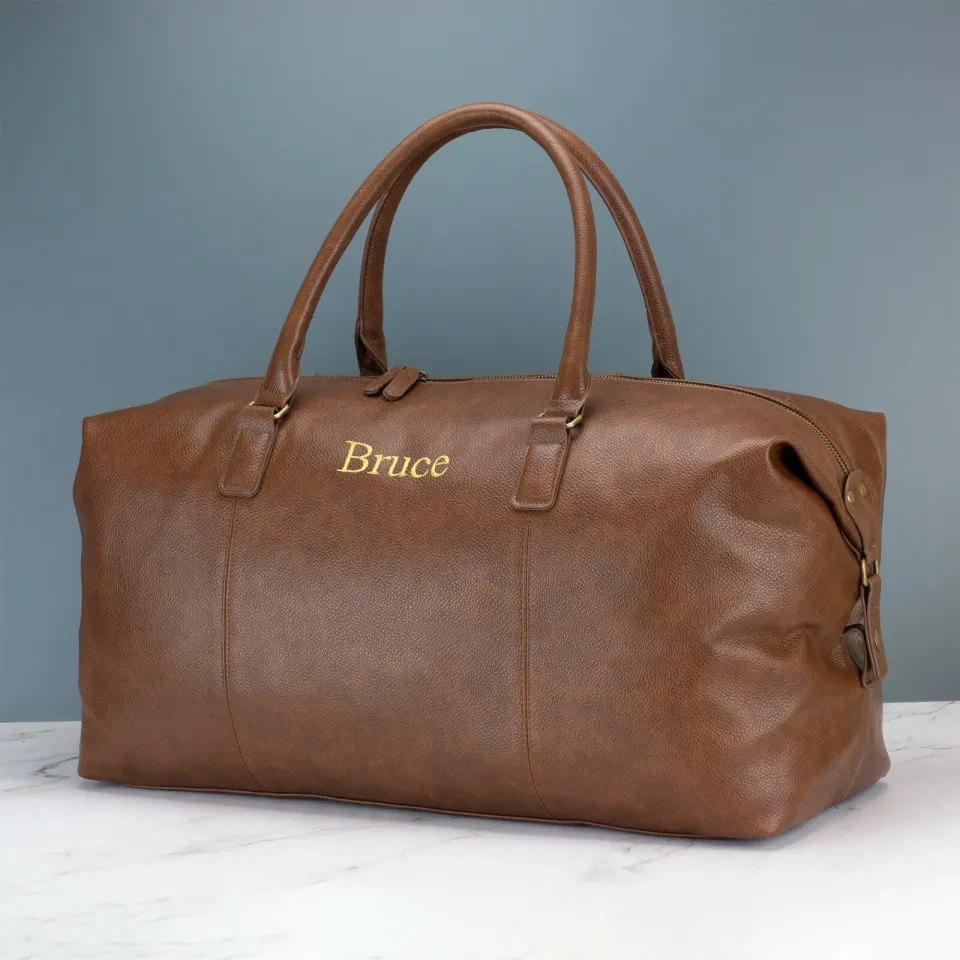 Personalised Mens Leather Holdall - Black or Brown Weekend Bag