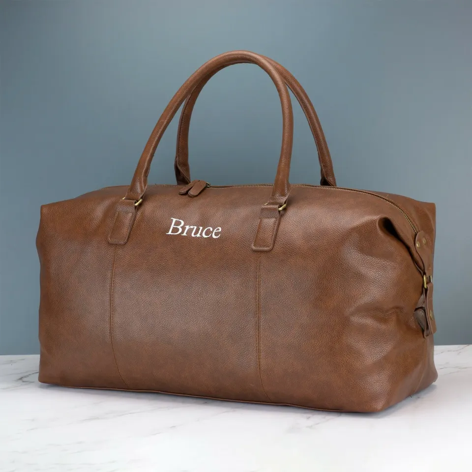 Personalised Mens Leather Holdall - Black or Brown Weekend Bag