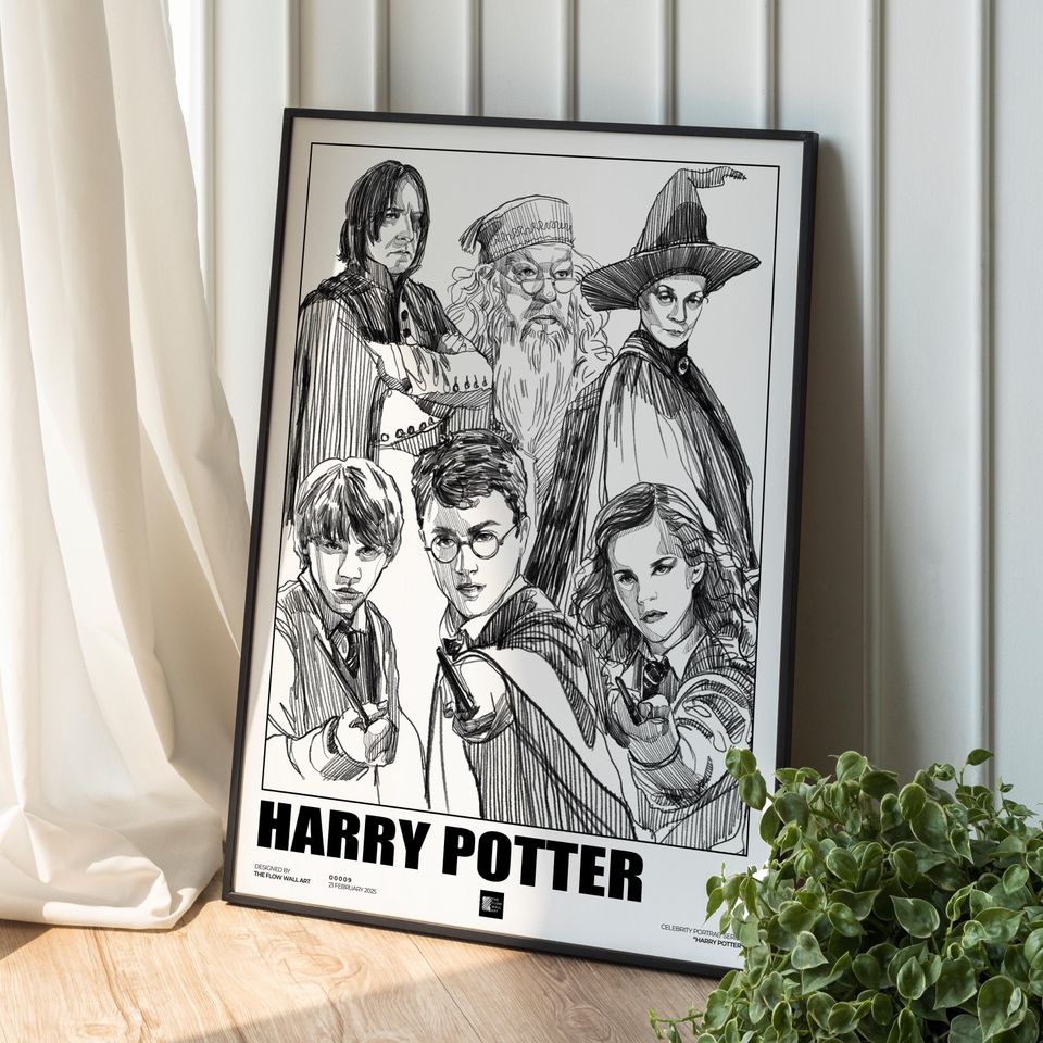 Harry Potter Hand-Drawn Characters Digital Art, Hogwarts Wall Decor Poster