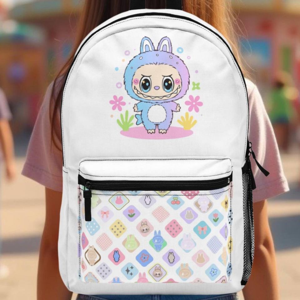 Cute White Labubu Print Backpack - School Bag for Girls