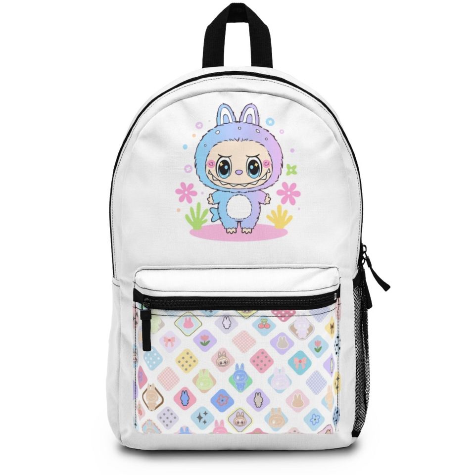 Cute White Labubu Print Backpack - School Bag for Girls