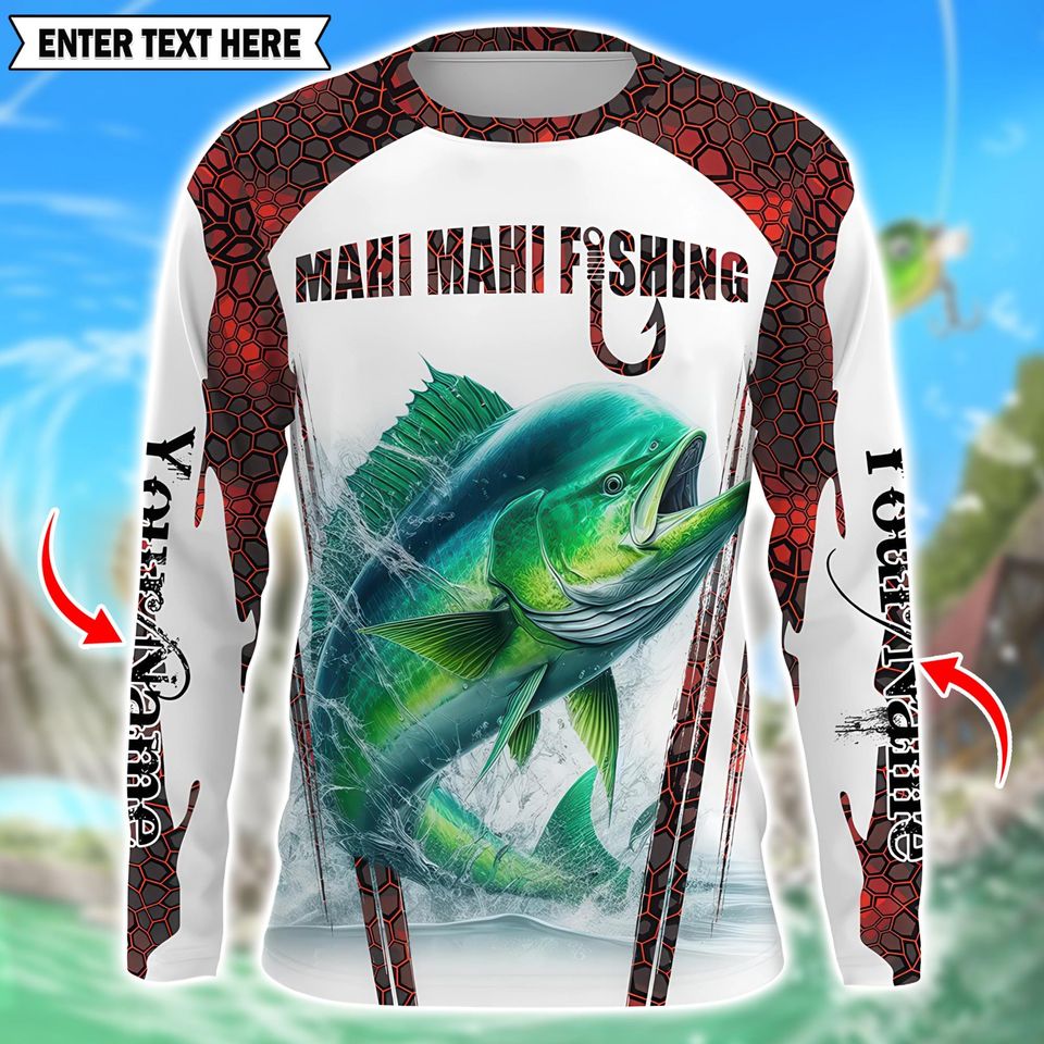 Red Camo Custom Name Long Sleeve Fishing Shirt