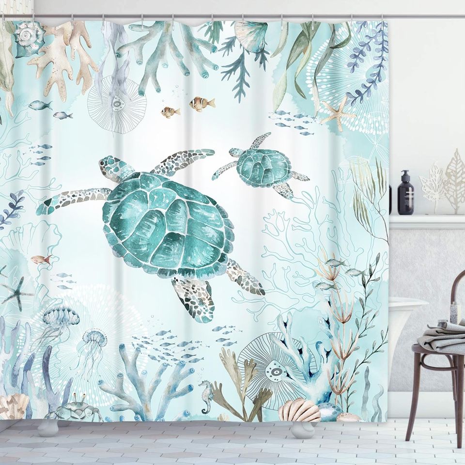 4 Piece Shower Curtain Set, Sea Turtle Waterproof Bathroom Set