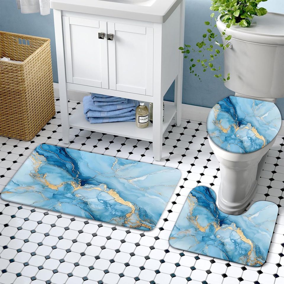 Lnond 4Pcs Marble Bathroom Sets with Shower Curtain and Rugs