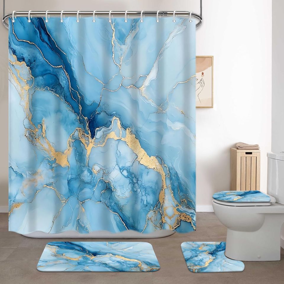 Lnond 4Pcs Marble Bathroom Sets with Shower Curtain and Rugs