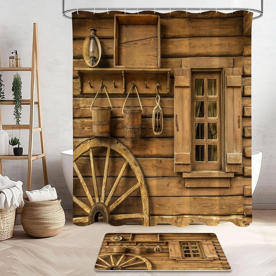 4 Pcs Rustic Wooden Farmhouse Shower Curtain Set