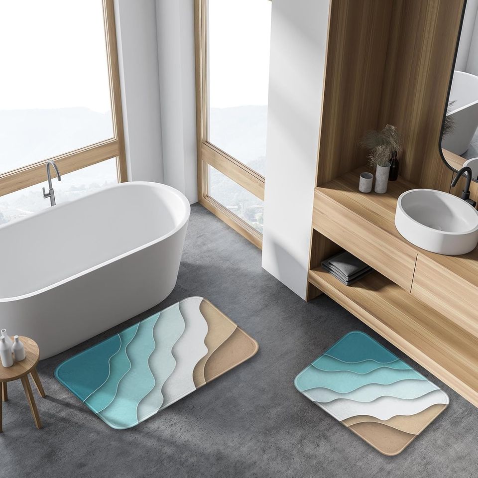 ArtSocket 3 Pcs Shower Curtain Set with Rugs, Abstract Summer Beach Bathroom Set