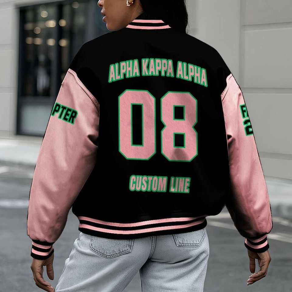 Alpha Kappa Alpha Custom Chapter Varsity Jacket, Personalized Black Mix Salmon Pink Varsity Jacket 1908 Sorority, Custom Chapter Apparel