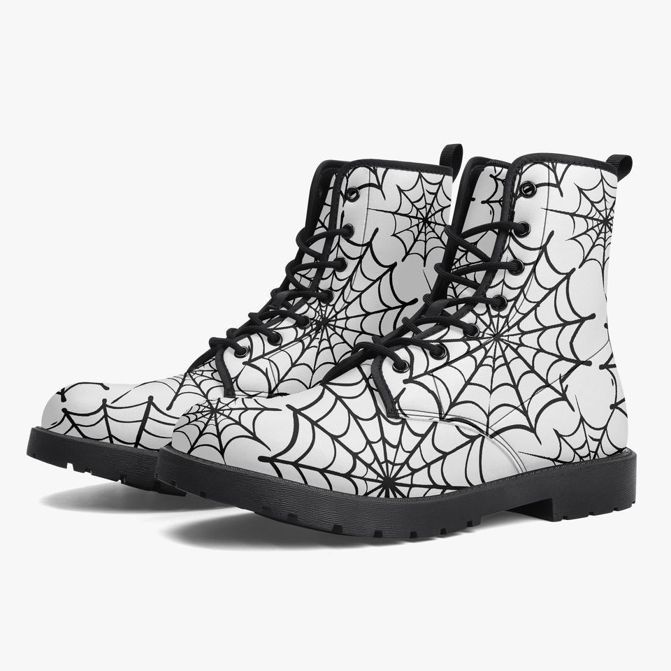 Web Weaver Gothic Combat Boots – Black Spiderweb Vegan Leather