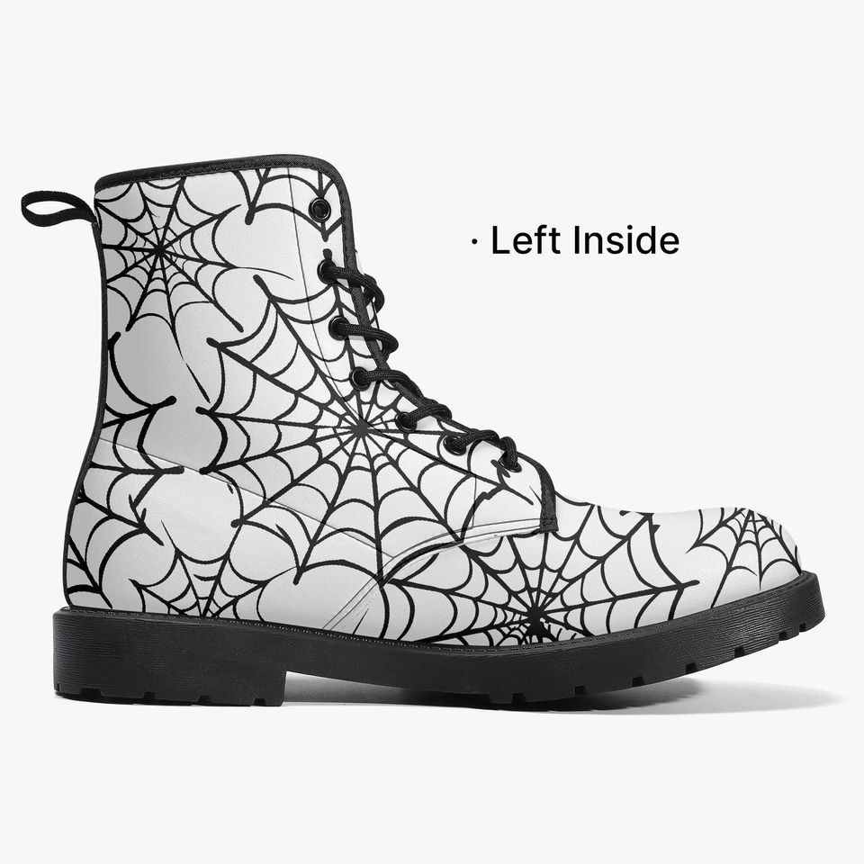 Web Weaver Gothic Combat Boots – Black Spiderweb Vegan Leather