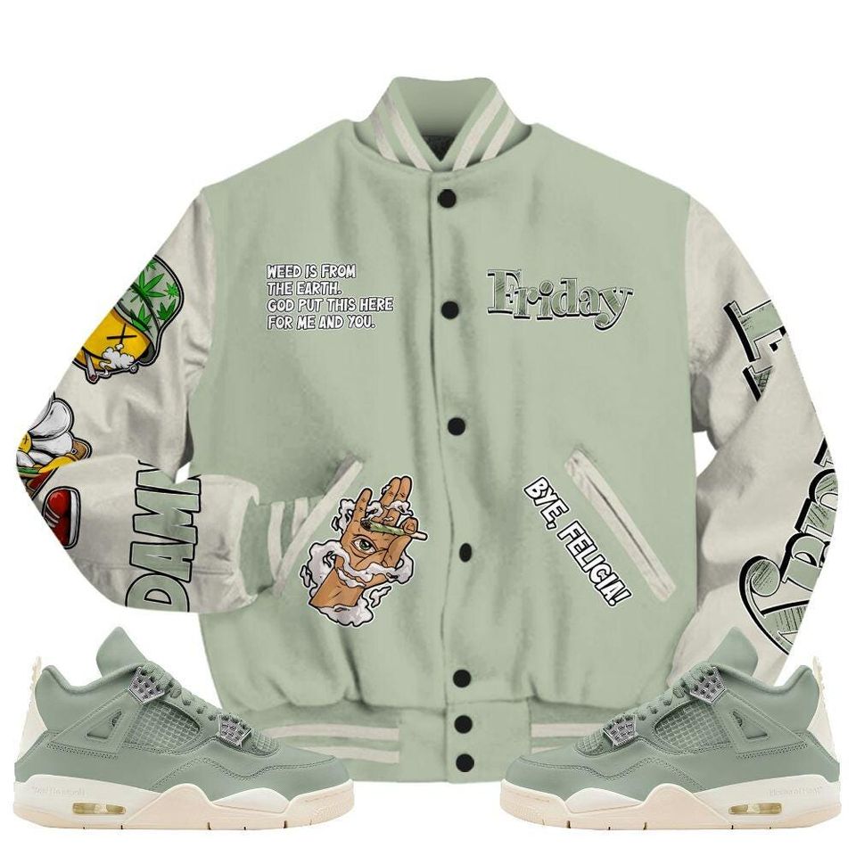 Seafoam Sail 4s Varsity Jacket, Friday Sneaker Stress Style All Over Print Baseball Jackets