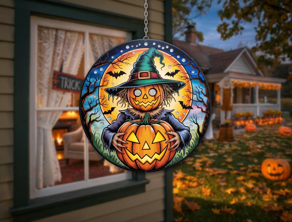 Pumpkin Scarecrow Suncatcher  Witch Hat Jack-O-Lantern with Bats, Spooky Halloween Window Hanging, Fall Gothic Home Decor