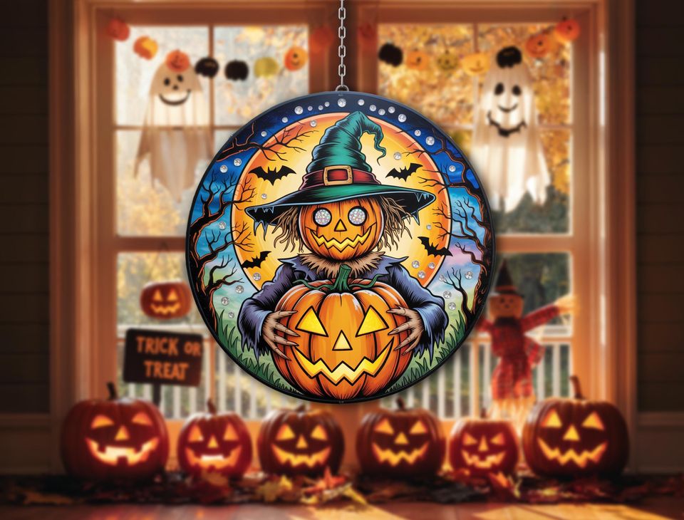Pumpkin Scarecrow Suncatcher  Witch Hat Jack-O-Lantern with Bats, Spooky Halloween Window Hanging, Fall Gothic Home Decor