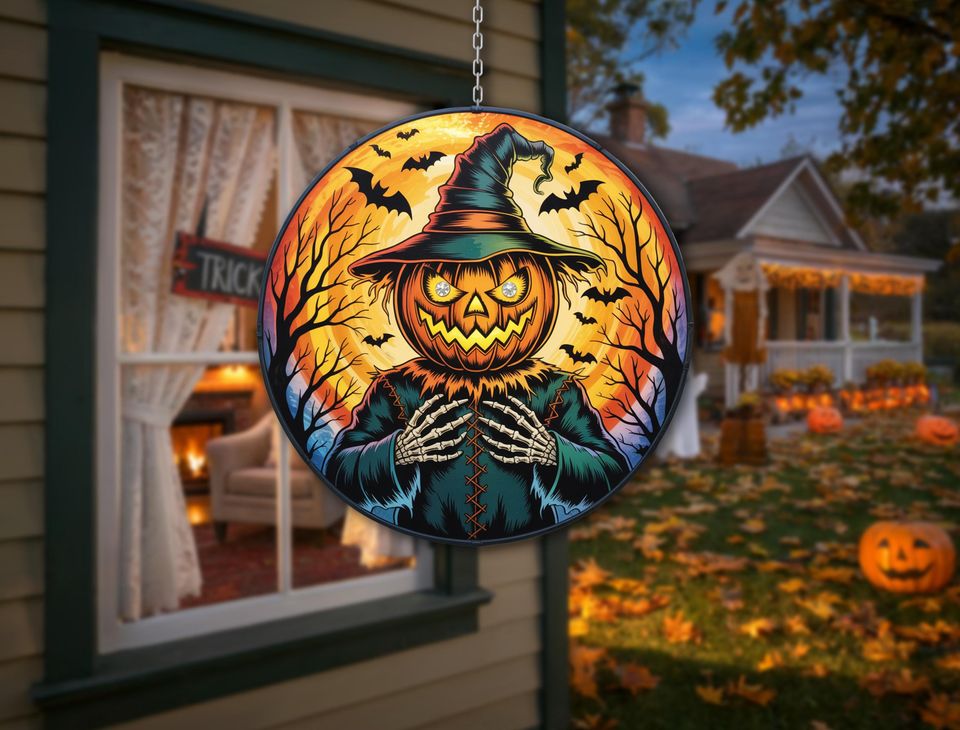 Pumpkin Scarecrow Suncatcher  Witch Hat Jack-O-Lantern with Bats, Spooky Halloween Window Hanging, Fall Gothic Home Decor