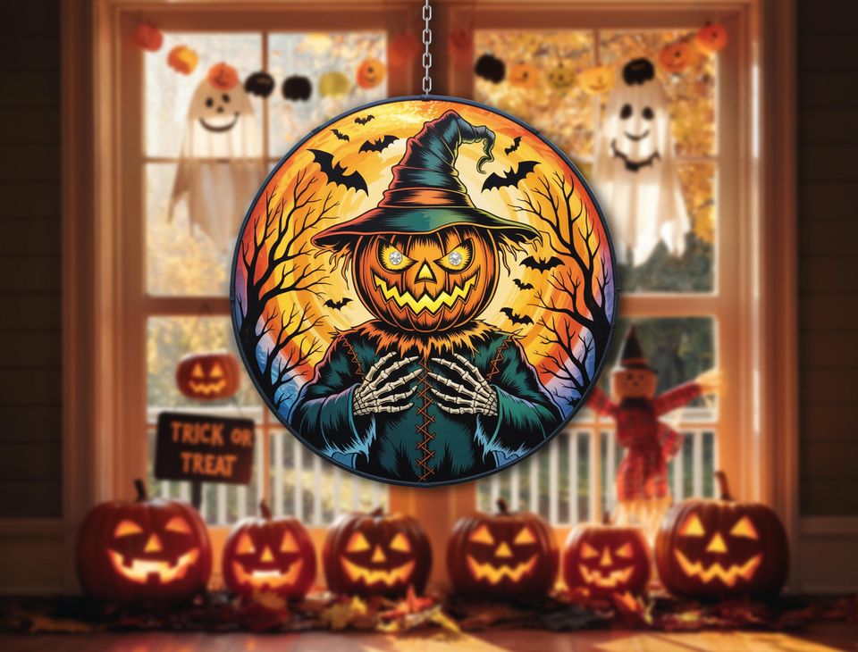 Pumpkin Scarecrow Suncatcher  Witch Hat Jack-O-Lantern with Bats, Spooky Halloween Window Hanging, Fall Gothic Home Decor