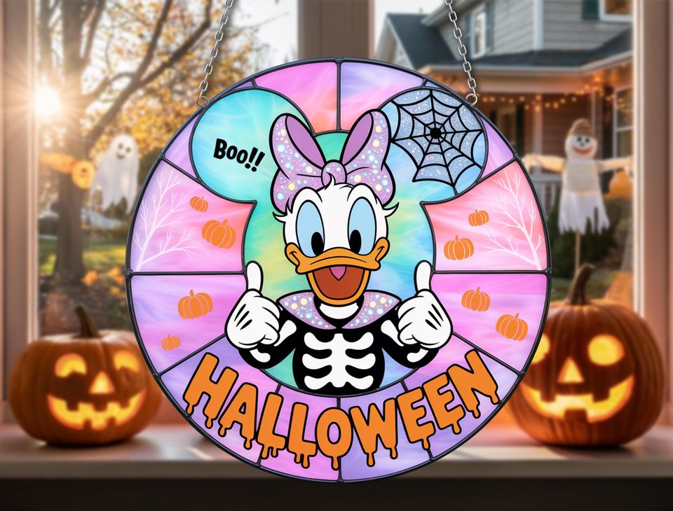 Cute Daisy Duck Halloween Suncatcher | Skeleton Costume Window Decor | Fall Cartoon Boo Ornament for Spooky Season