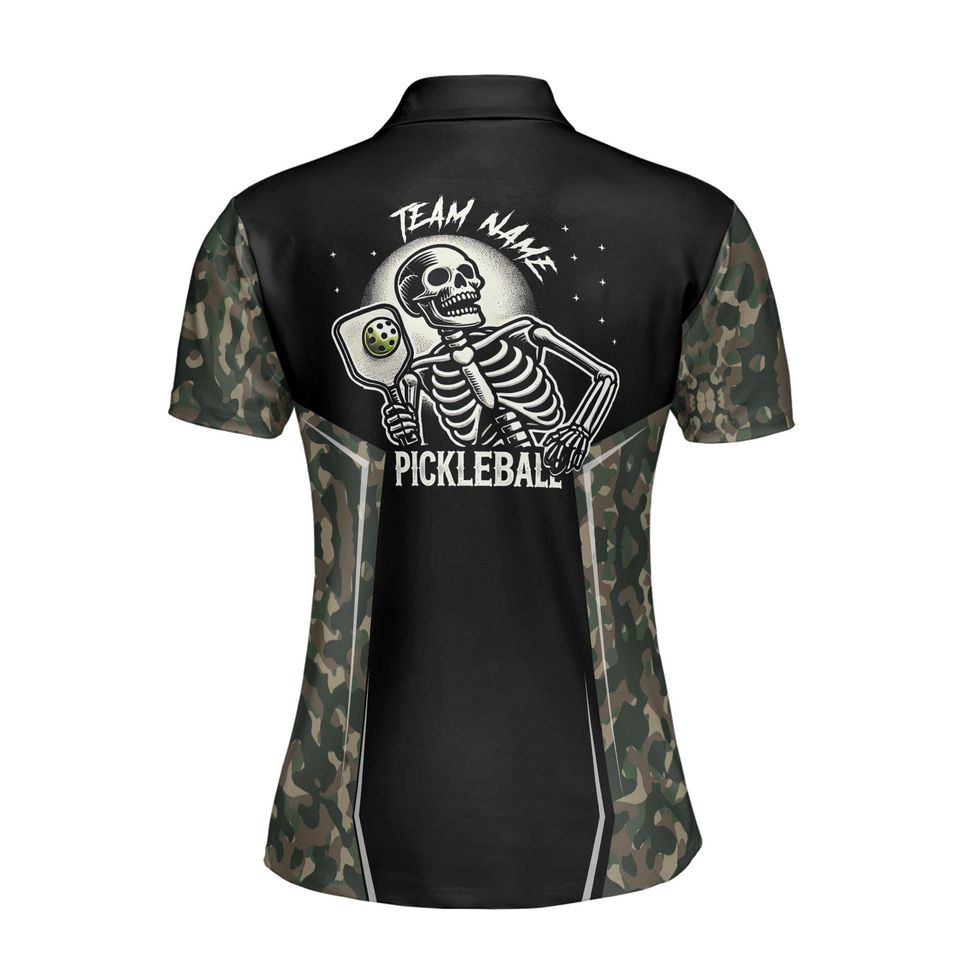 Personalized Name Camo Pattern Skull Plays Pickleball Women's Polo Shirt
