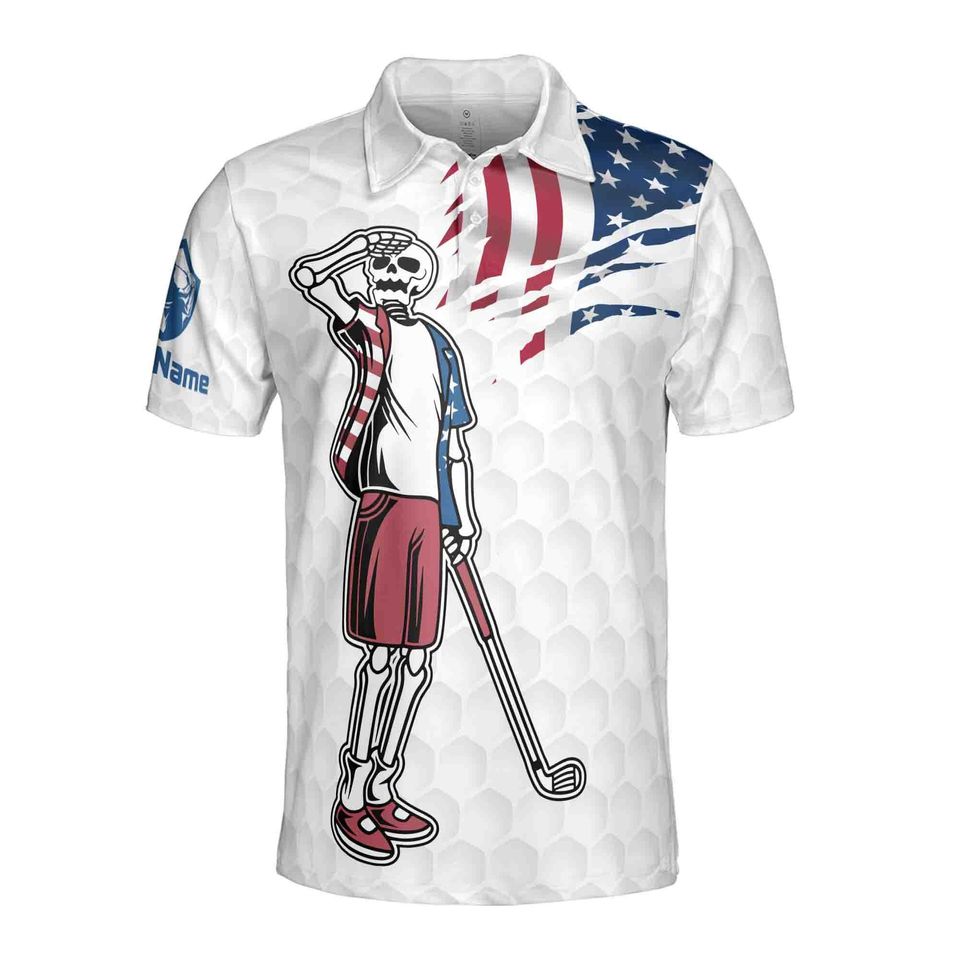 Customize Name Funny Skeleton Looking For Golf Ball American Flag Golf Polo Shirt