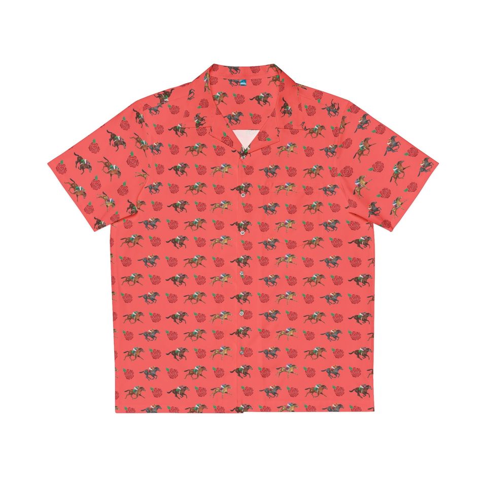 Kentucky Derby Inspired Men’s Hawaiian Shirt – Race Horse and Rose Coral Style