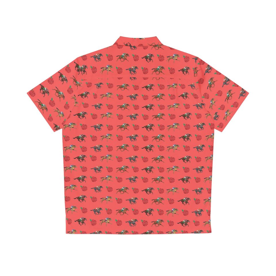 Kentucky Derby Inspired Men’s Hawaiian Shirt – Race Horse and Rose Coral Style