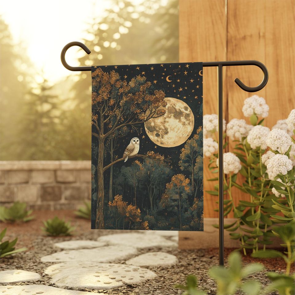 Moody Full Moon Night Owl Garden Flag Autumn Forest Night Owl Dark Ambience Fall Patio Decor Outdoor House Banner Fall Owl Front Door Decor