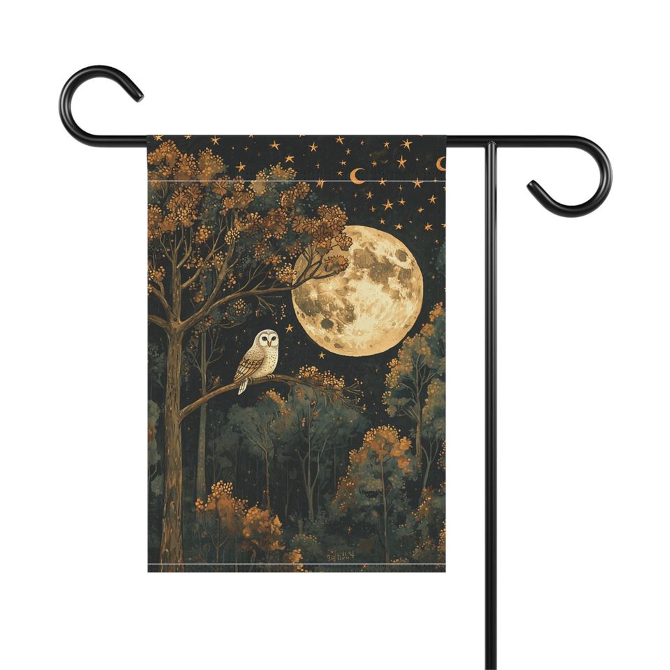 Moody Full Moon Night Owl Garden Flag Autumn Forest Night Owl Dark Ambience Fall Patio Decor Outdoor House Banner Fall Owl Front Door Decor