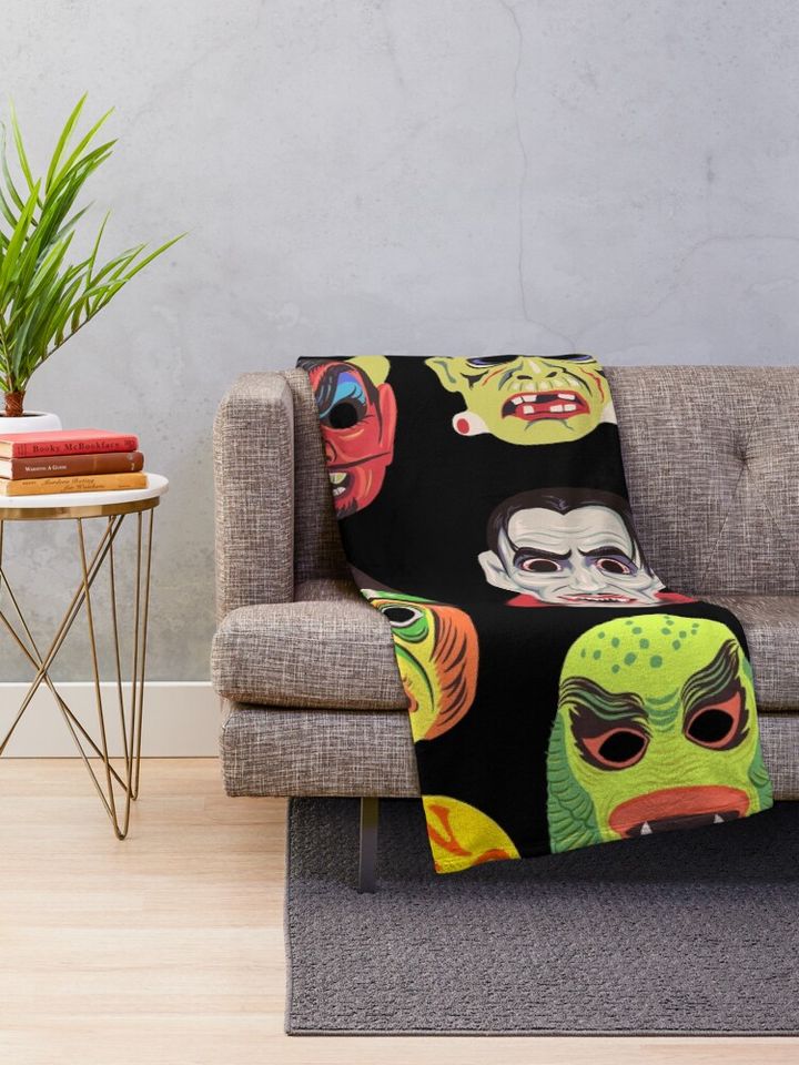 Vintage Halloween Masks Throw Blanket