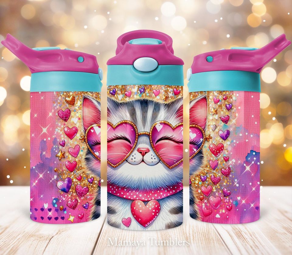 Cat 12oz Kids Flip Top Sippy Cup Tumbler, Heart sunglasses Valentine's Day Kids Tumbler