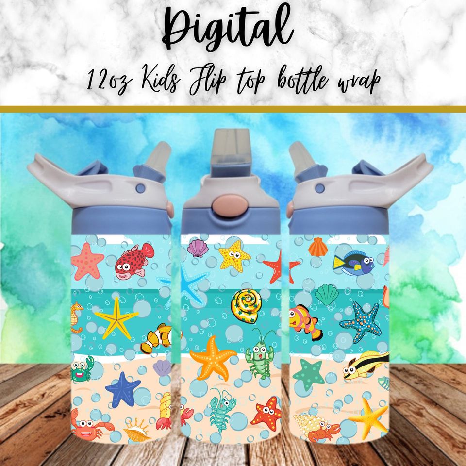 Sea 300dpi 12oz Kids Flip top Sippy cup Tumbler Wrap, Ocean/Beach/Fish/Sand