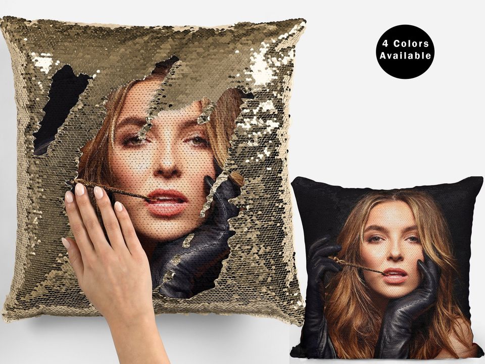 Jodie comer sequin pillow, celebrity sequin pillow, jodie comer flip sequin pillow