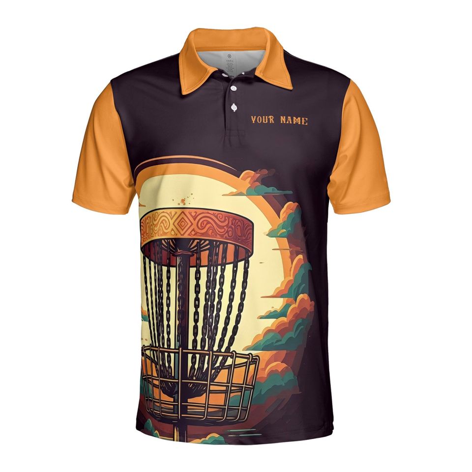 Custom Name Team Retro Disc Golf Black Orange Sunset Men's Polo Shirt