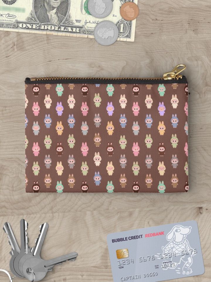 Labubu pattern brown background Zipper Pouch, Cute Bags Gift, Gift for Fan