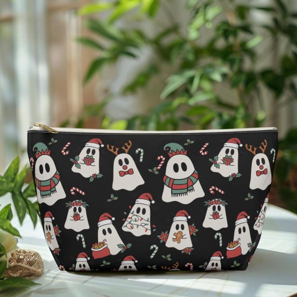 Spooky Christmas Ghost Makeup Pouch | Holiday Cosmetic Bag | Halloween Travel Organizer