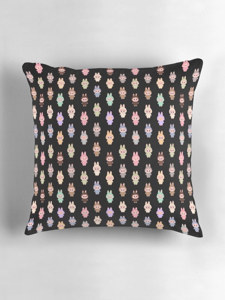 Labubu pattern black background Pillow, Cute Labubu Pillows Gift, Gift for Fan