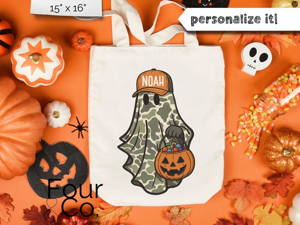 Camo Ghost Halloween Tote, Boys Trick or Treat Bag, Camo Halloween