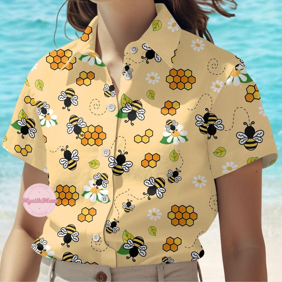 Bee Button Hawaiian Shirt, Buzzing Bee Tropical Short Sleeve Shirt