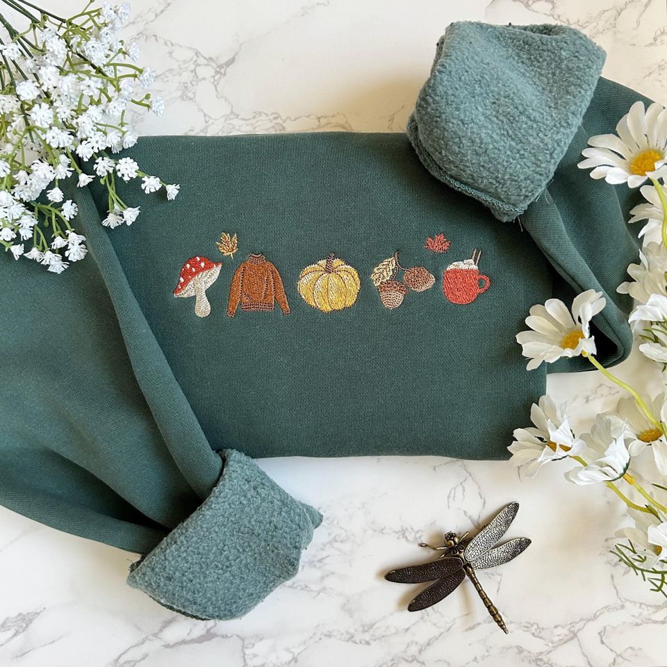 Embroidered Fall Sweatshirt, Cozy Autumn Pumpkin & Mushroom Design