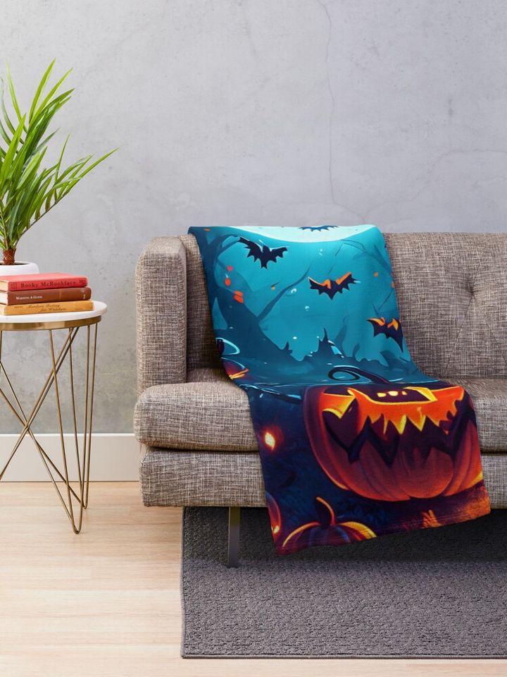 Enchanted full moon night: glowing pumpkins in the forest Throw Blanket