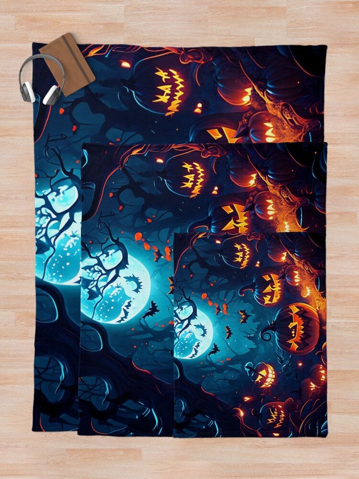Enchanted full moon night: glowing pumpkins in the forest Throw Blanket