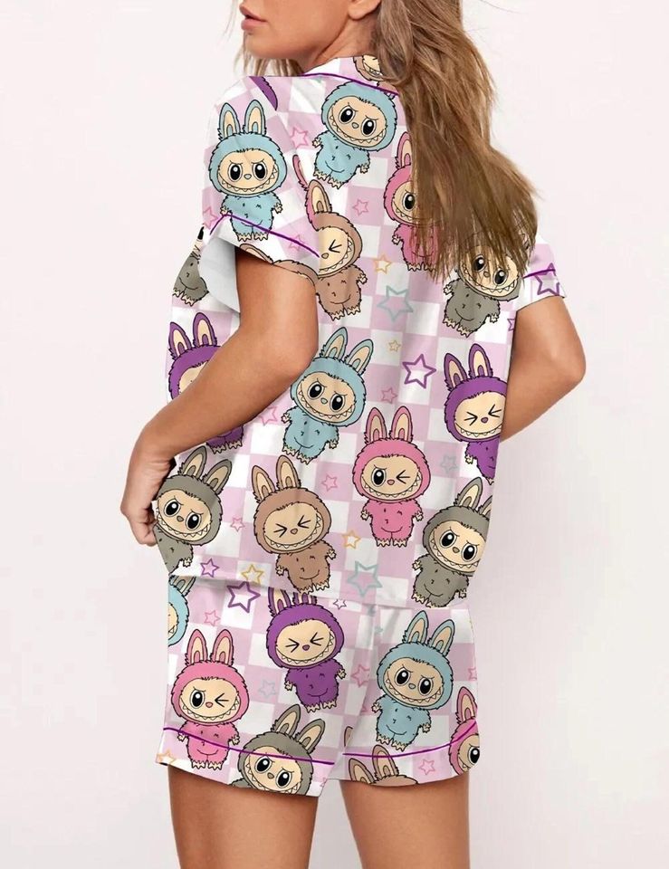 Womens Cute Labubu Print Pajama Set