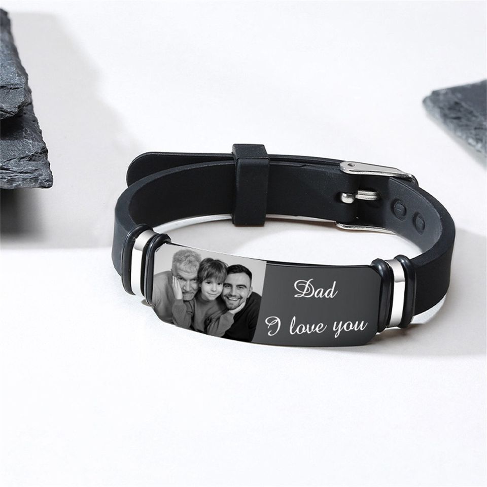 Personalized Photo Men's Silicone Bracelet, Adjustable Name Wristband, Custom Gift for Dad